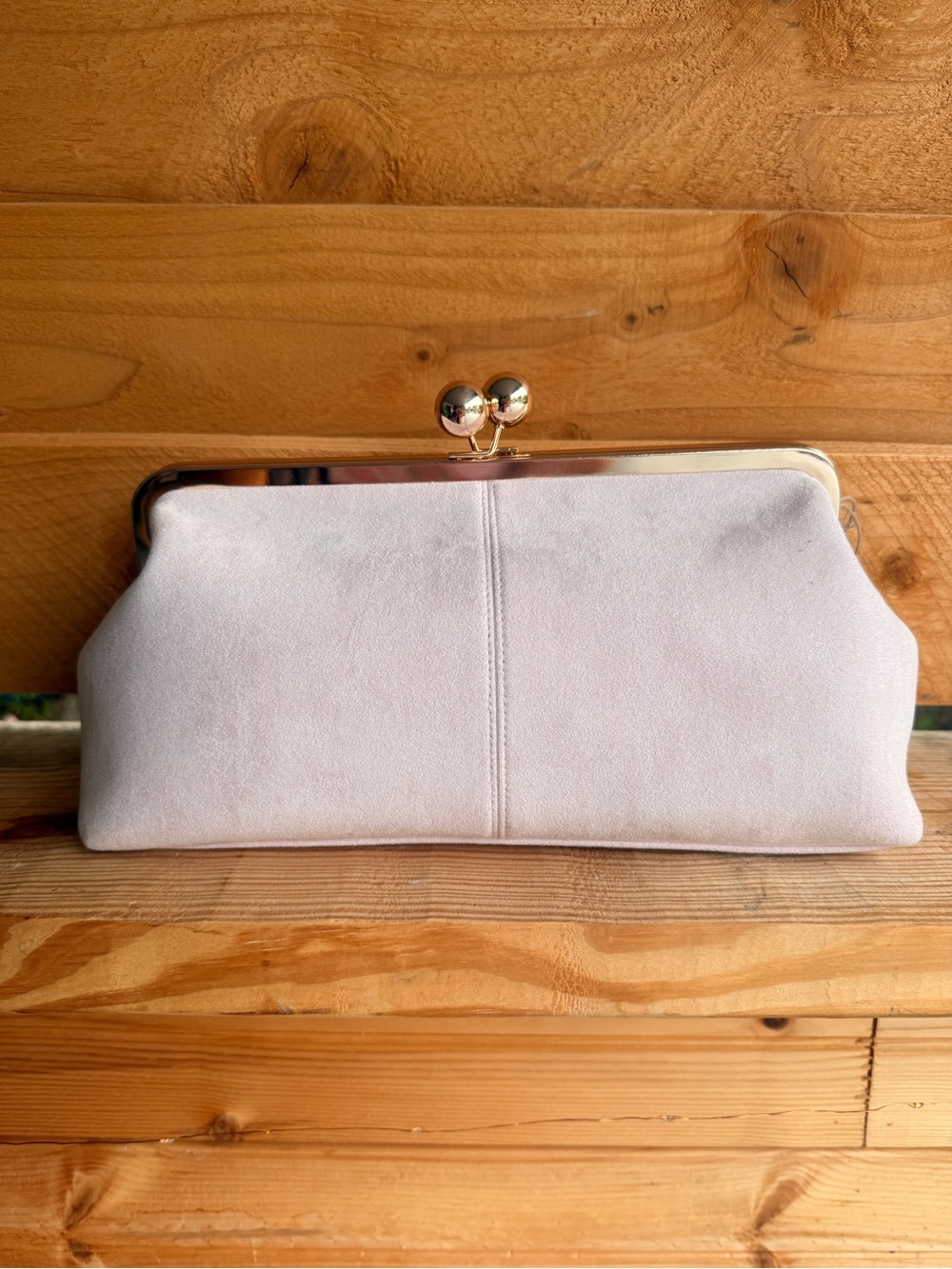 a new day, Pale Pink & gold faux Suede Kiss-Lock Clutch/straps vintage Inspired